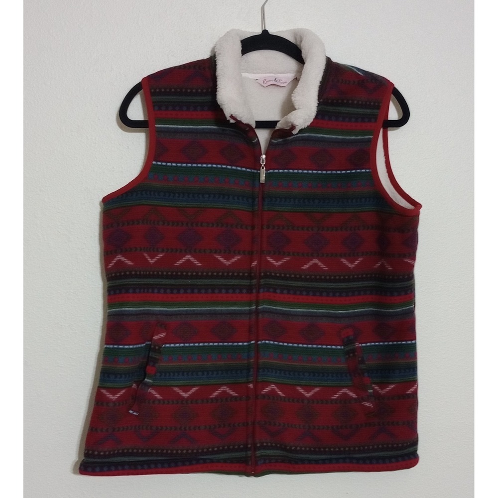 River & Rose Womens Red Southwestern Fleece Vest Sherpa Collar Full Zip Large